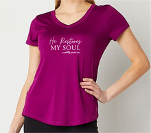 Load image into Gallery viewer, He Restores Plum V-Neck TEE
